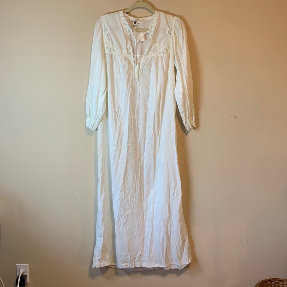 VTG 70s Barbizon Lace Gown M – Cream Floral Prairie Cottagecore Fairy Romantic M
